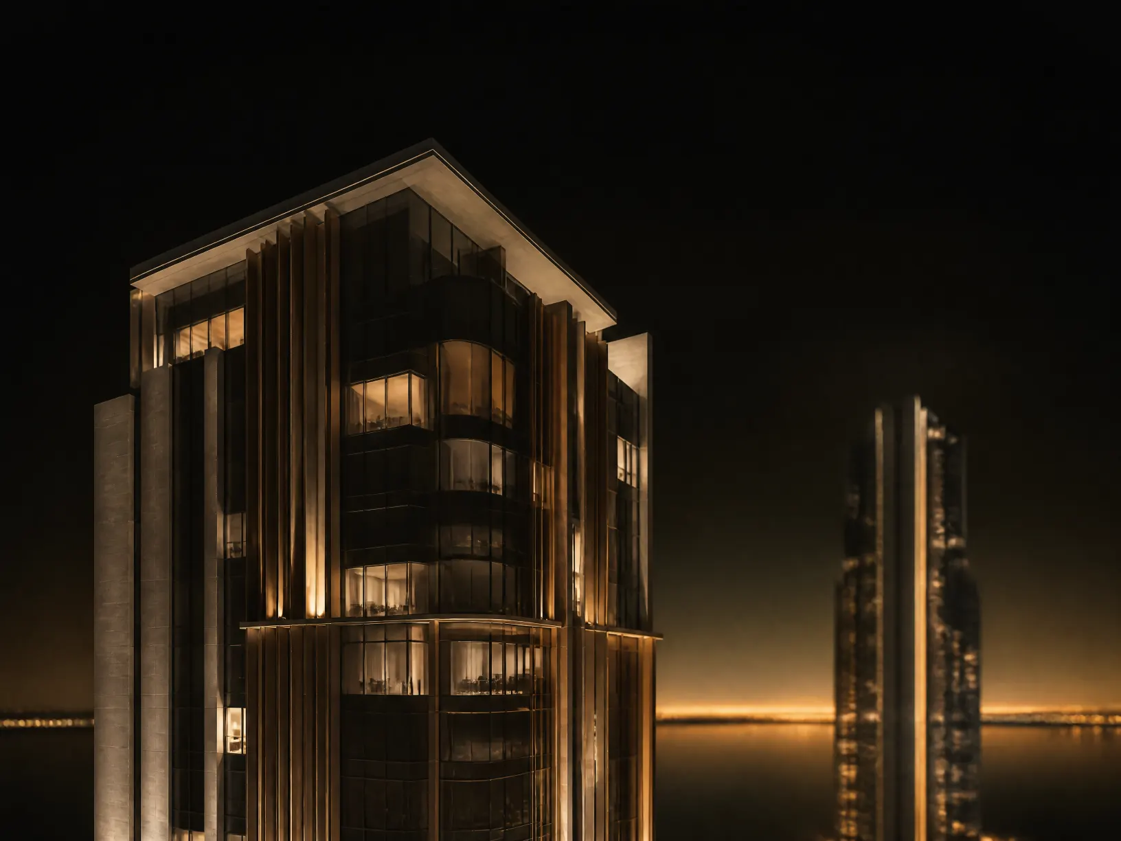 A contemporary luxury residential tower at night, lit from within